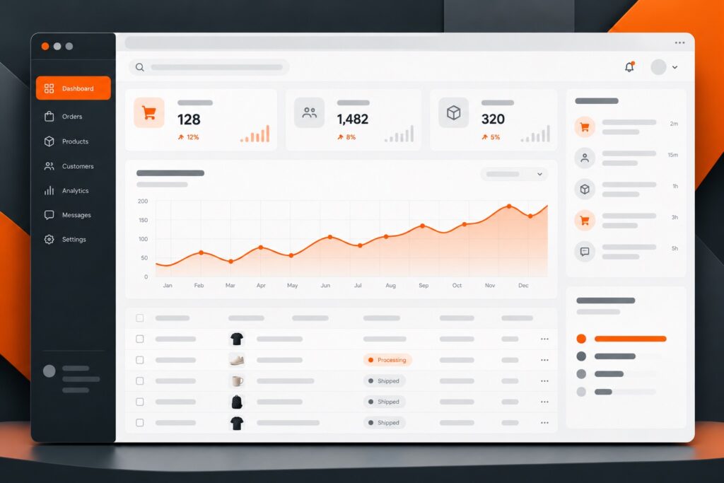 Illustrative custom dashboard concept showing orders, activity and an orange analytics chart