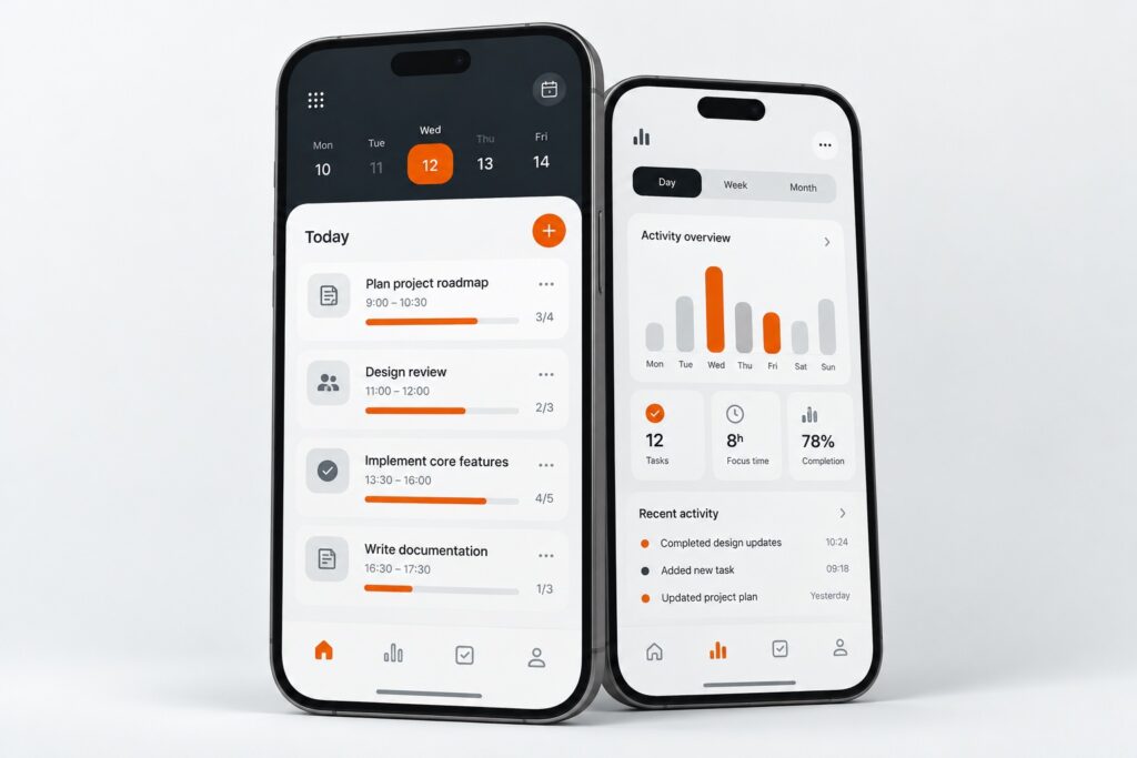 Illustrative mobile application concept showing task planning and activity screens