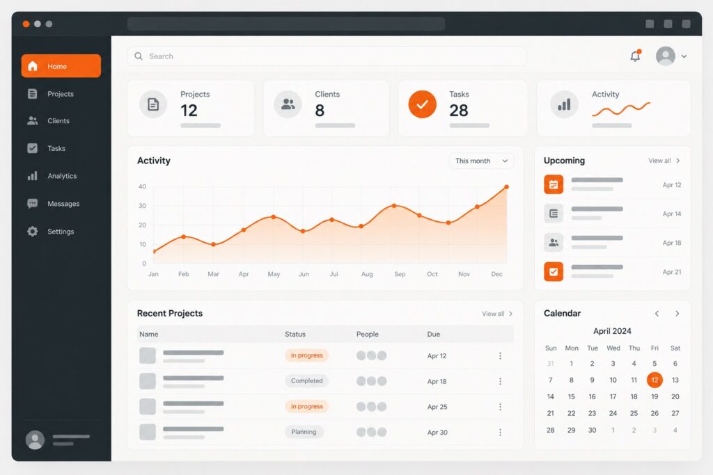 Illustrative web application concept with project cards and an orange activity chart